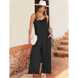 Solid Color Women's <b>Jumpsuits</b> Rompers with Elegant Notched V Neck Comfortable Fashionable Fit Spring Summer Cat Suit for Girls - Product Image 1