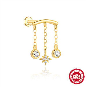 Piercing d'oreille unique en argent sterling S925 avec zircone triangulaire et franges pavées à dos plat pour cartilage - Product Image 6