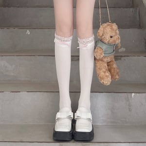 Cute White Lace Trim Knee <b>Socks</b> With Bow For Women Youth Schoolgirl Style Breathable Sweat Absorbing <b>Polyester</b> Fiber - Product Image 2