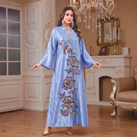 Abaya Jacquard pour Femme, Col Montant Décontracté, Broderie Florale à Paillettes et Perles, Grande Taille, Manches Longues, Robe Longue Modeste de Dubaï