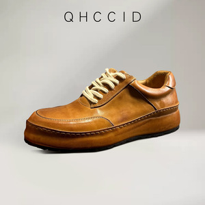 Men's Genuine <b>Leather</b> Casual Shoes Brown Thick Sole Lace-Up Mid-Heel Height Increasing Fashionable Handmade <b>Sneakers</b> - Product Image 2