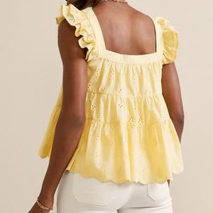 Chemisier OEM tendance uni à volants pour femme, haut d'été mignon à col carré, élégant sans manches, idéal pour la plage et les soirées - Product Image 4