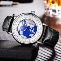 Jam Tangan LIGE LG8963 Harga Grosir Desain Kreatif Bumi Dial 40mm untuk Pria Olahraga Tali Kulit Hitam Jam Quartz Pria Tahan Air+ Kotak