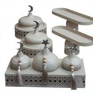 Bol à dattes rond en métal arabe avec couvercle, design bohème, décorations étoiles et pompons, ensemble de vaisselle décorative pour les fêtes - Product Image 6