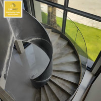 Escalier courbé en marbre au design moderne CBMmart, marches en bois de haute qualité, garde-corps en acier-bois-verre, éclairage LED, intérieur