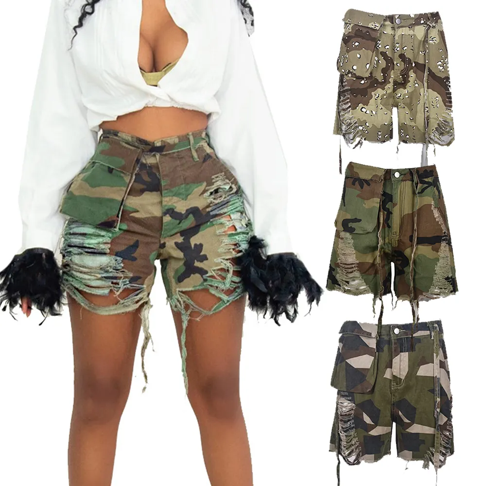 Atacado 2023 Mulheres Roupas de Verão Lavado Afligido Rasgado Carga Shorts Camo Mulheres Shorts Casuais Calças Curtas Para Senhora