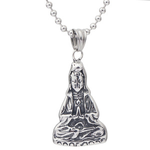 Collar con Estatua de Guanyin de Acero Inoxidable, Cadena de Cuentas Redondas de 60 cm, Colgante de Moda Unisex para Regalo - Product Image 1