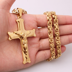 Heavy Byzantine Chain Men's Jesus Cross Pendant Necklace 18K Gold Plated Two‑Tone Stainless Steel IP Plated Hip‑Hop Christian - Product Image 3