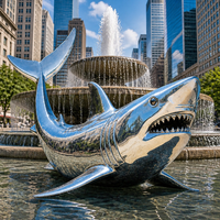 Sculpture de requin moderne en acier inoxydable poli miroir, décoration de jardin extérieur, parc, paysage, thème marin, statue d'animal
