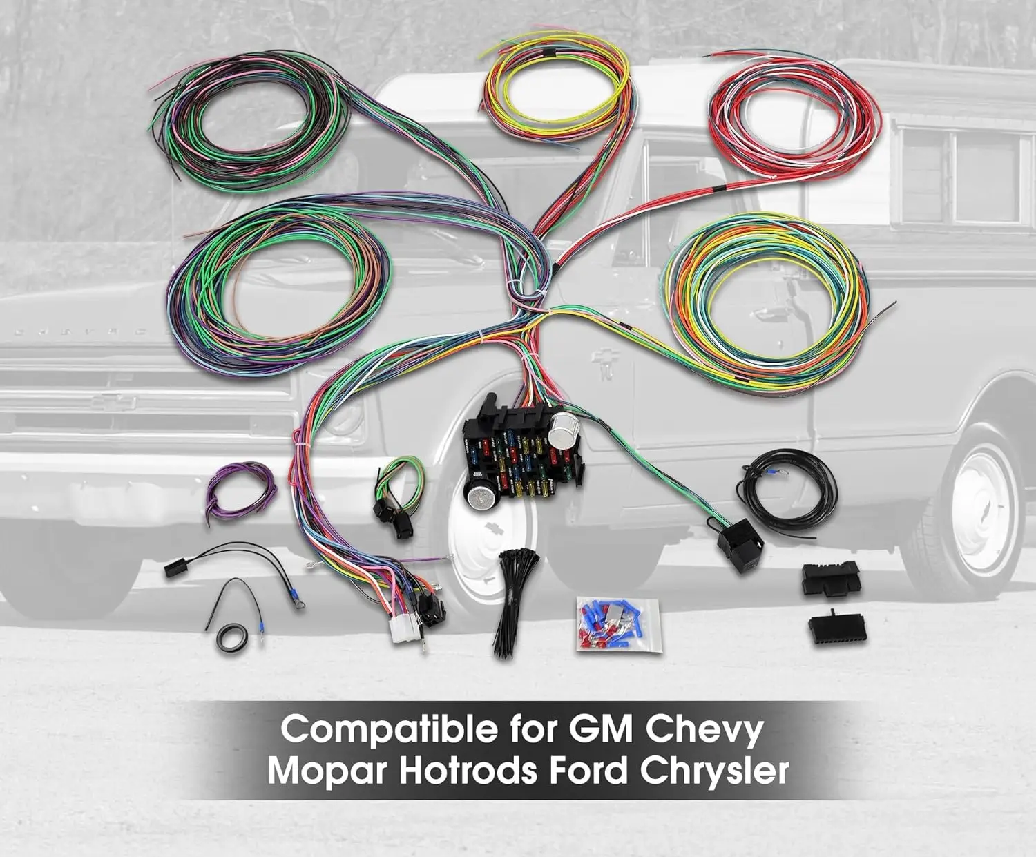 Evrensel 21 devre kablo demeti kiti ekstra uzun tel standart renk 17 sigortalar GM Chevy Mopar Hotrods Ford Chrysler için