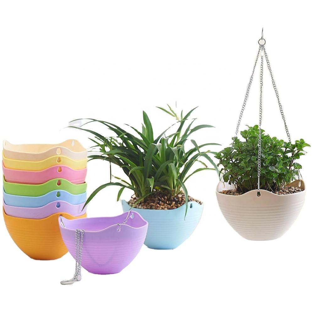 Indoor Outdoor Plastic Round Rattan Hanging Plant Planter Flower Pots With Metal Chain