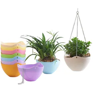 Bac à jardinage rond en rotin, plastique, 1 pièce, pour l'intérieur et l'extérieur, plantes de fleurs, avec chaîne métallique - Product Image 1