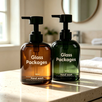 Bouteille en verre vide de 350 ml (12 oz) ronde, couleur ambre verte, pour savon liquide, shampoing, avec pompe à lotion en plastique, pour usage domestique ou hôtelier