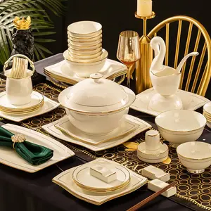 52 Piece Dinner Sets Luxury Jingdezhen Ceramic Bone Porcelain Dinnerware Set Gold Rim High End Hotel Tableware