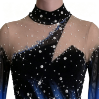 Robe de patinage artistique dégradé noir bleu violet, col montant, manches longues, ornée de strass, costume de danse sur glace pour adultes et enfants