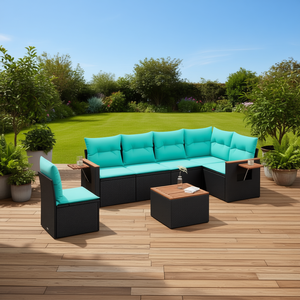 Ensemble de canapés de patio en polyrotin noir avec coussins, 7 pièces, mobilier d'extérieur élégant, sièges modulaires - Product Image 2