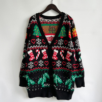 Logo personnalisé Flocon de neige de Noël Coeur Arbre Jacquard Col V Épaule tombante Manches longues Bouton Cardigan Pull Tricot Femmes
