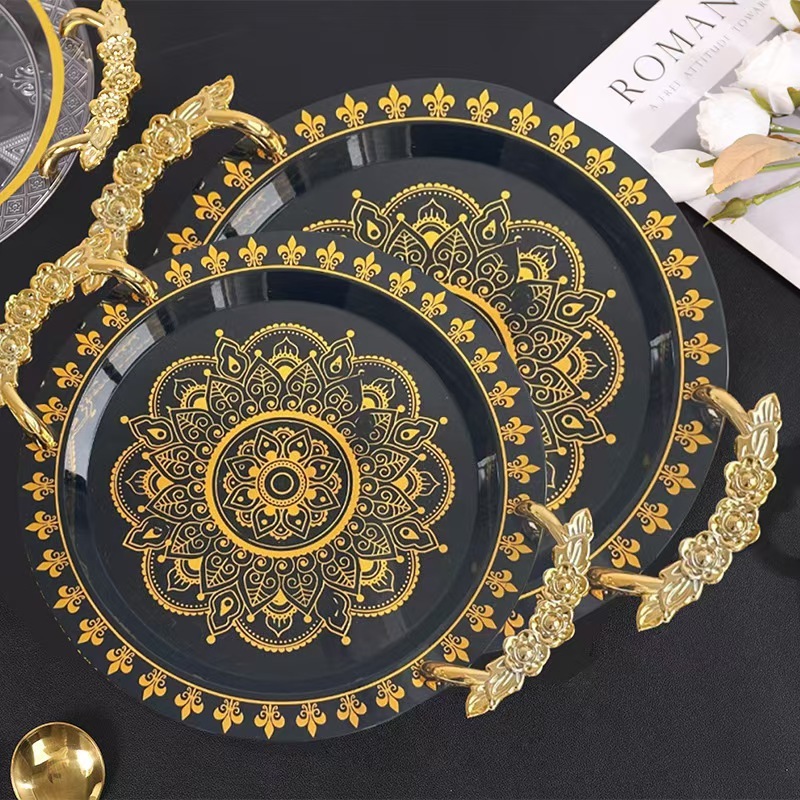 European Style Round Bronzing White Tray Factory Wholesale Nordic Light Luxury Fruit Tea Tray Advanced Hotel Tray Plate