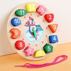 Horloge numérique en bois en forme de pingouin, réveil éducatif pour enfants, blocs de construction perlés, jouet stéréo pour bébé, puzzle de correspondance de formes - Product Image 2