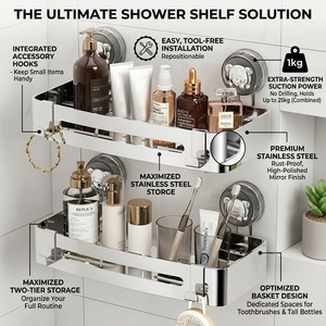 Suction Mounted Stainless Steel Bathroom <b>Corner</b> <b>Shelf</b> Set 12cm Width Rectangular Chrome Polished Space Saving Organizer - Product Image 2