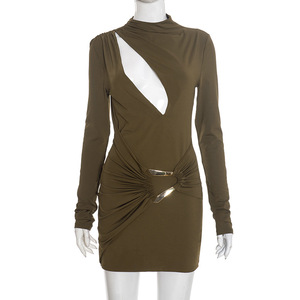 Nuovo Abito Casual da Donna Primavera 2026, Mini Abito Elegante a Tinta Unita con Dettagli Traforati e Plissettati, <span class=keywords><strong>Vestito</strong></span> Corto Vintage - Product Image 4