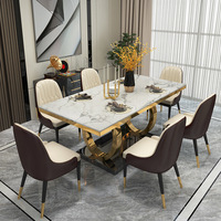 Ensemble de table à manger en marbre noir de luxe Golden Light, plateau en pierre frittée, cadre en acier inoxydable doré, kit de table à dîner pour restaurant