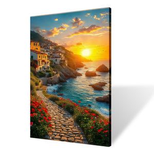 Paysage <span class=keywords><strong>marin</strong></span> méditerranéen moderne toile écologique B & C ART vibrant <span class=keywords><strong>paysages</strong></span> marins ensoleillés maisons côtières à flanc de falaise fleurs - Product Image 1