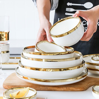 Service de table en céramique de style européen, luxe léger, incrustations dorées, pour la maison et l'hôtellerie, ensemble de bols et d'assiettes, vaisselle