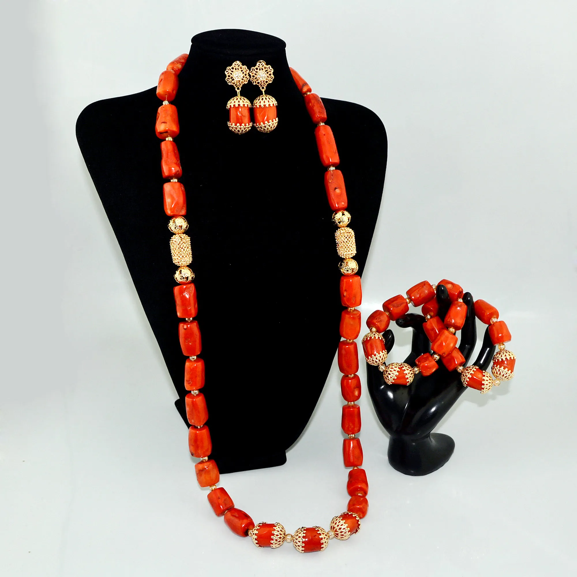 아프리카 스타일 쥬얼리 비즈 새로운 도착 산호 비즈 목걸이 귀걸이 세트 2019 나이지리아 디자인