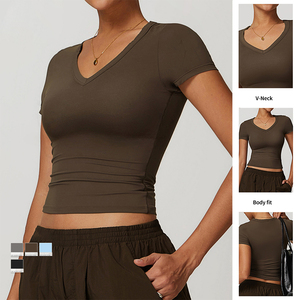 Haute qualité femmes décontracté Yoga haut court séchage rapide Fitness antichoc serré à manches courtes T-Shirt entraînement Gym Fitness porter - Product Image 2