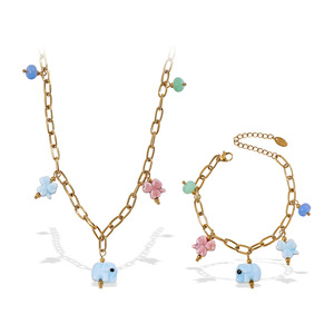 Collier en chaîne dorée en acier inoxydable avec breloques en céramique en forme d'éléphant et de fleur, ensemble de pendentifs unisexe tendance - Product Image 5