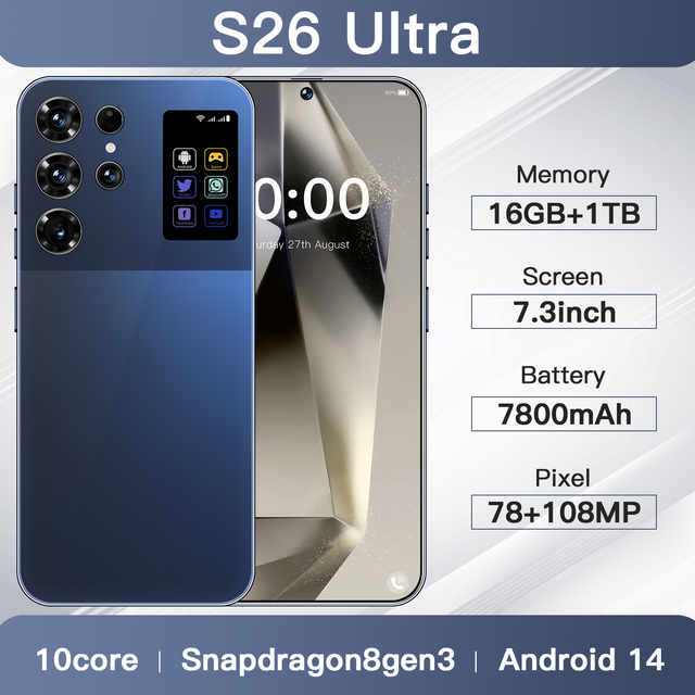2026 New S26 Ultra 7.3 Inch HD Screen High Quality 5G Smartphone 16GB+1TB Face Recognition Android 15 108MP French Spanish