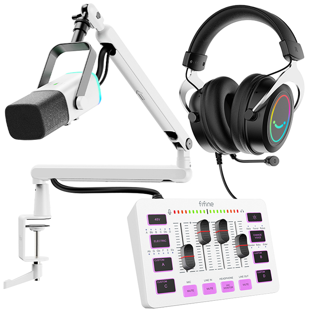 Fifine RGB PC Podcast Gaming Audio Interface Gaming Mic Microphone Gaming Headset Soundcard Audio Interface