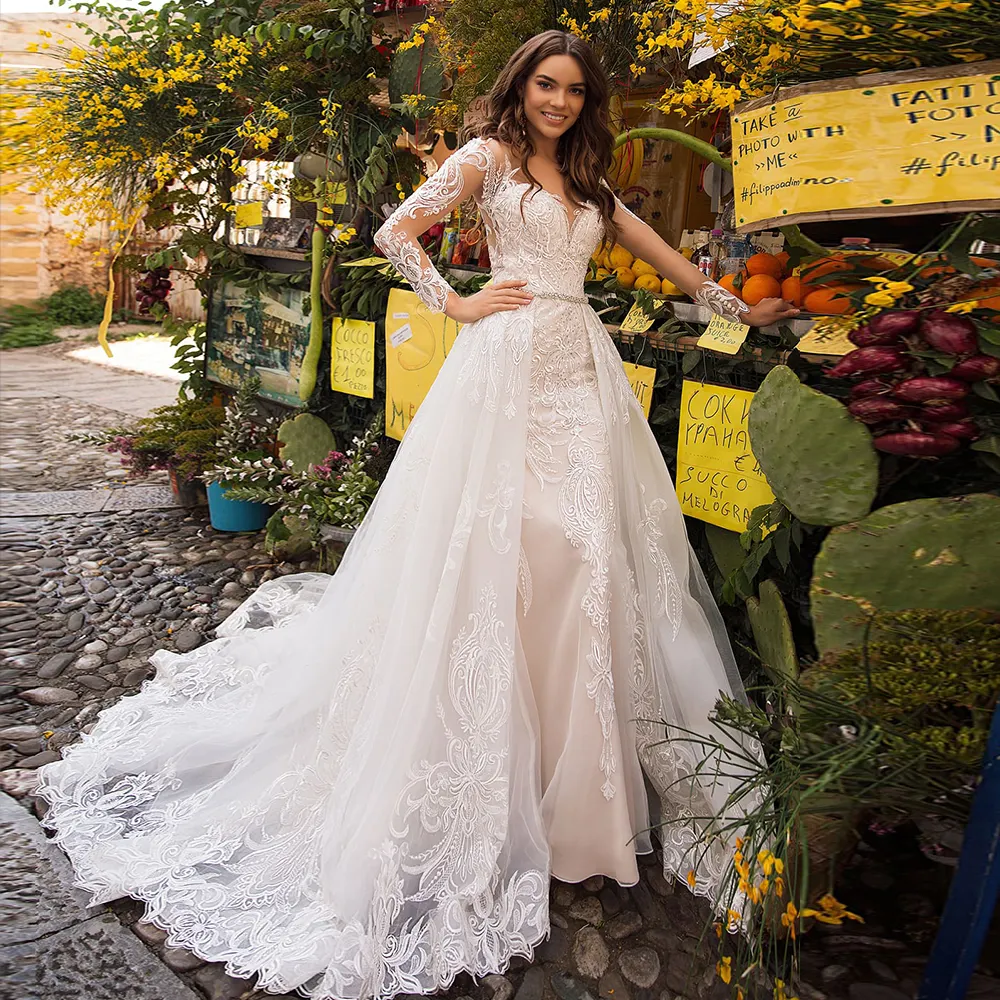 Gaun Pengantin Putri Duyung Elegan dengan Kristal Manik-manik Dapat Dilepas Kereta Vestido De Noiva Sereia Renda Tulle 2 In 1 Gaun Pernikahan