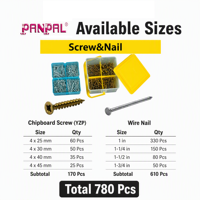 Ensemble de 780 vis pour panneaux de particules et clous à fil jaunes zingués avec boîte de rangement en plastique, kit de fixation pour bois personnalisable