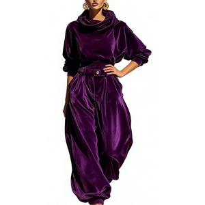 Women's Hooded Velvet 2 Piece <b>Set</b> - Elegant Long-Sleeve Top & Baggy Pants Formal Casual Outfit Fashion - Product Image 3