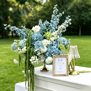 Boule de composition <span class=keywords><strong>florale</strong></span> LUYI la plus populaire pour événements, 50-60 cm, grande, bleu-vert mélangé, hydrangea artificiel, centre de table pour autel - Product Image 1