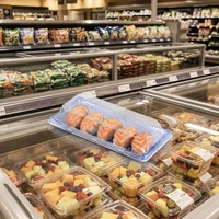 Plateau à sushi jetable en PET bleu rectangulaire écologique, emballages à sushi en plastique pour emporter avec couvercle anti-buée