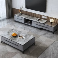 Meuble TV et Table Basse Modernes de Luxe en Marbre et Bois, Rétractables avec Rangement, Design Flottant en Pierre pour Salon