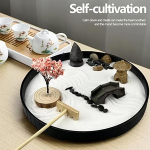 Jardin zen de bureau japonais de luxe avec plateau en bois noir, cerisier et pont pour les centres de bien-être et la décoration des salles de relaxation - Product Image 3