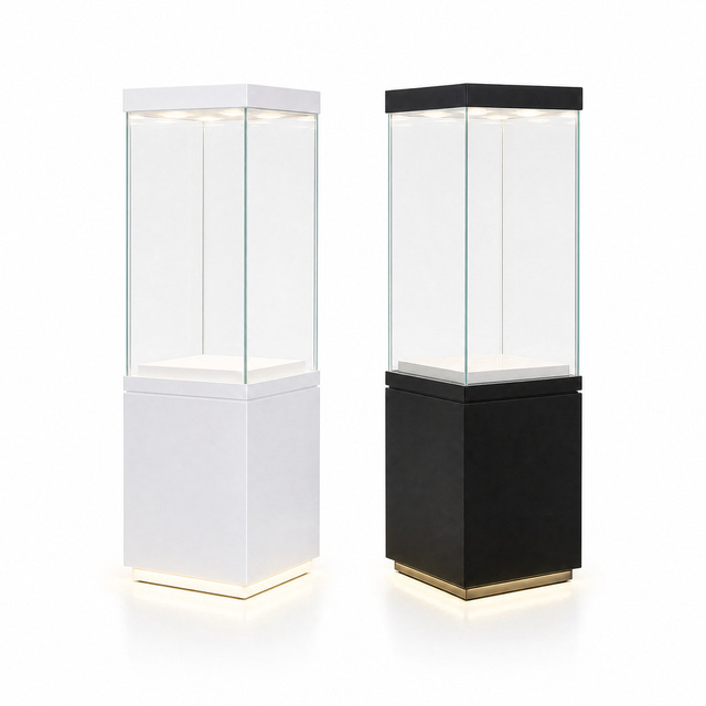 Freestanding Tower Display Cabinet with LED Light and Frameless Glass, Matte White or Black Floor Display Case for Jewelry Store