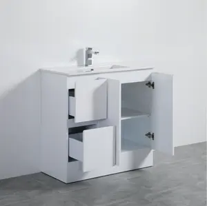 Kabinet kamar mandi PVC 900mm gaya putih pernis warna Hotel Modern rias tahan air dengan kaki untuk desain Australia