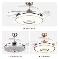 Ventilateurs de plafond rétractables LED modernes avec haut-parleur, lecteur de musique, lustre, 3 couleurs, pales invisibles, télécommande pour usage intérieur