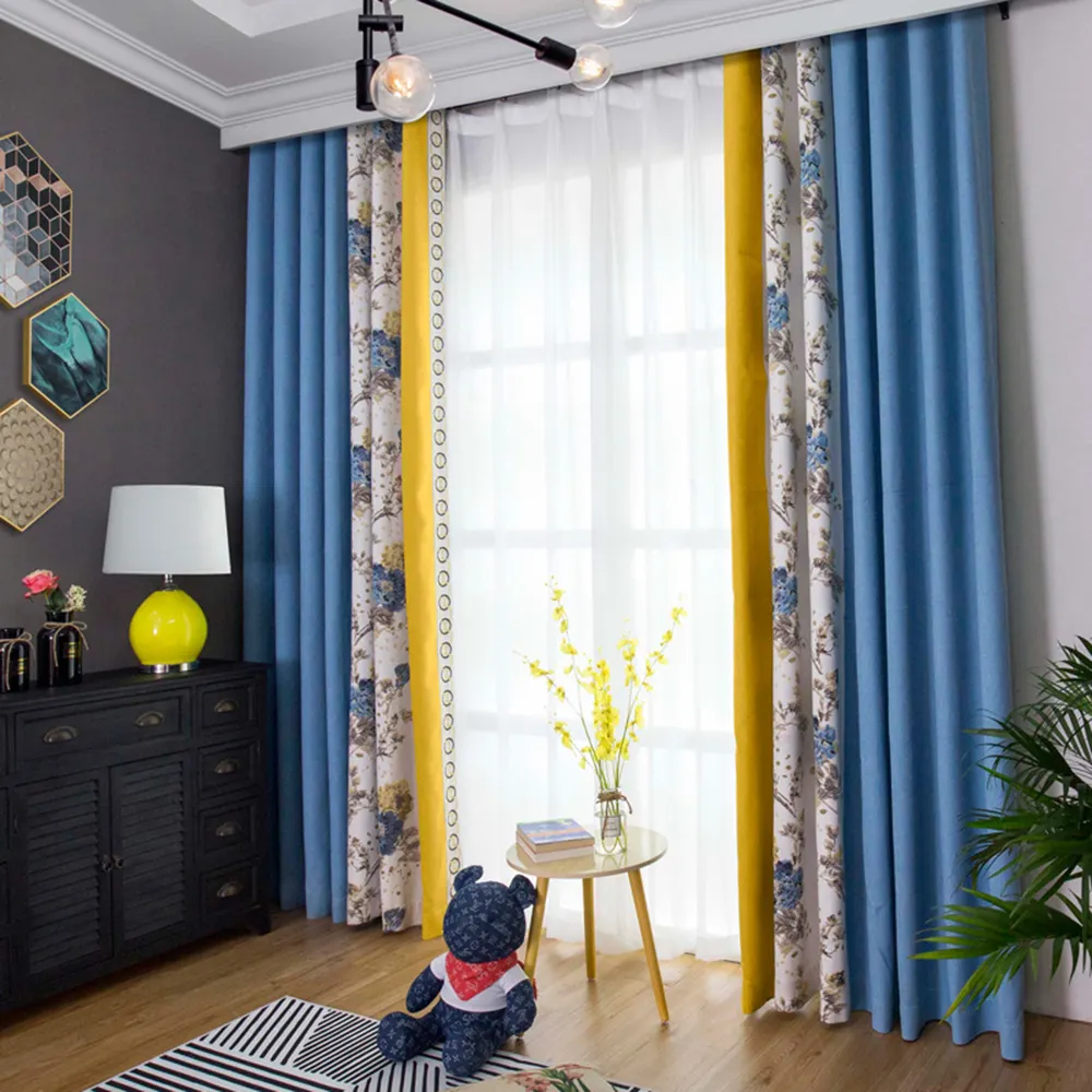 Luxury home latest fashion ready made royal blue modern window curtains set floral treatment curtain textiles
