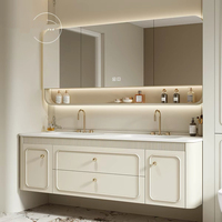 Kabinet Kamar Mandi Modern Warna Putih Krim Tahan Air Harga Terjangkau, Vanity Tempel Dinding dengan Wastafel Keramik LED untuk Penggunaan di Rumah