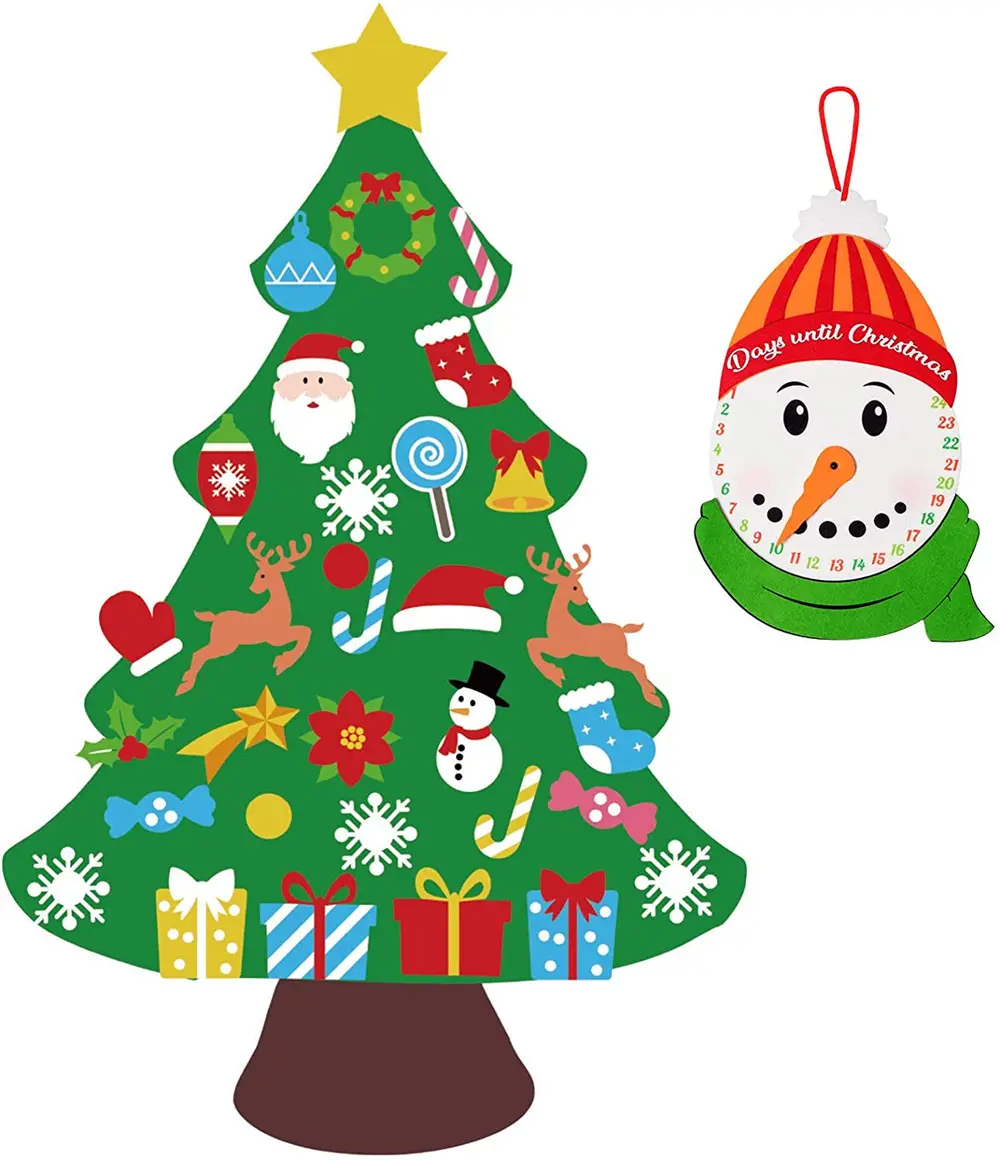 Árvore de feltro diy, árvore de feltro com 3 pés para pendurar na parede, decorações de natal, boneco de neve, calendário, natal, presente para crianças