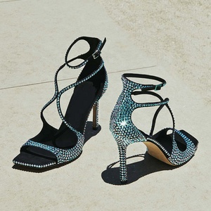 Sandales à bout carré ouvert pour femme, à brides croisées ornées de diamants, talon aiguille scintillant, design de marque, chaussures d'été - Product Image 6