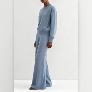 ชุดเซ็ต 2 ชิ้น เสื้อไหมพรมแขนยาวคอกลมประดับเพชรระยิบระยับลายดาวสำหรับผู้หญิง พร้อมกางเกงไหมพรมทรงหลวม แฟชั่นฤดูใบไม้ร่วง - Product Image 2