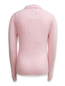 Pull en viscose et nylon côtelé rose pour femme, extensible, à col, à manches longues, pour l'automne, décontracté, à porter au quotidien - Product Image 3