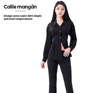 2024 Callie Mangan/Callie Megan verano nuevo diseño adelgazante negro gasa camisa versátil cintura larga Look Oficina liso teñido <span class=keywords><strong>s</strong></span>ólido - Product Image 4